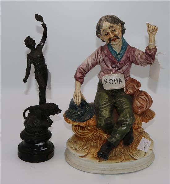 Italian pottery figure and a spelter figure